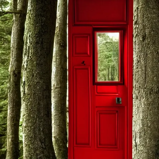 Image similar to boy in red is knocking the front door of a cabine in a forest, detailed, strong lighting, very conherent, by campion, pascale, trending on artstation