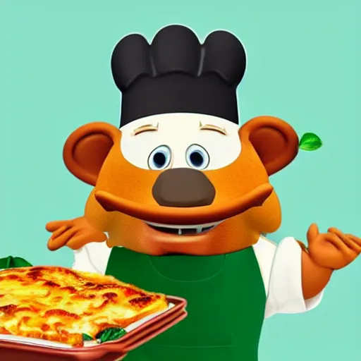 Image similar to cute platypus wearing a chef hat and holding a lasagna with three basil leaves over the lasagna, pixar style, ultradetailed, dramatic