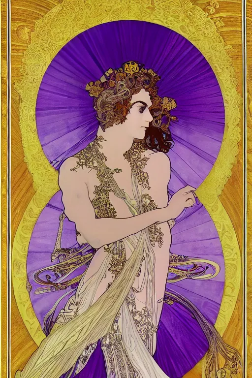 Image similar to thanatos, beautiful male god of death, closed eyes, long hair, wearing ornate silk and lace clothes, gold jewelry, moon, purple feathers, by Alphonse Mucha, rule of thirds, super detailed, 8k