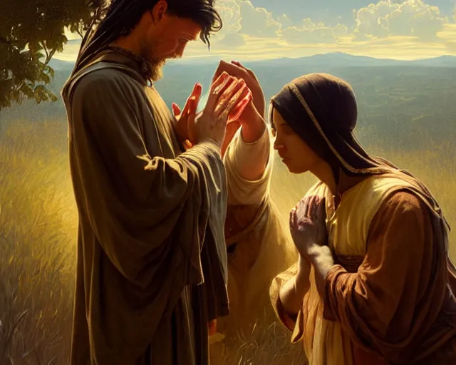 Prompt: poor hungry couple praying to a cross and crying, emotional sad painting, very poor, hungry, love eachother, medieval peasants, fantasy, cruel, dramatic lighting, intricate, wild, highly detailed, digital painting, artstation, concept art, smooth, sharp focus, illustration, art by artgerm and greg rutkowski and alphonse mucha