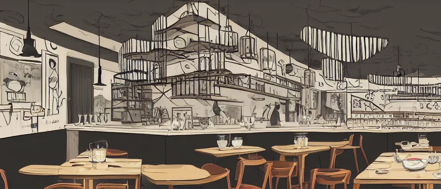 Prompt: a beautiful interior view illustration of a small roasted string hotpot restaurant of baota mountain in yan'an city, animation illustrative style, from china, restaurant theme wallpaper is a high tower on a mountain, rectangle white porcelain table, black chair, simple style structure decoration design, victo ngai, james jean, 4 k hd