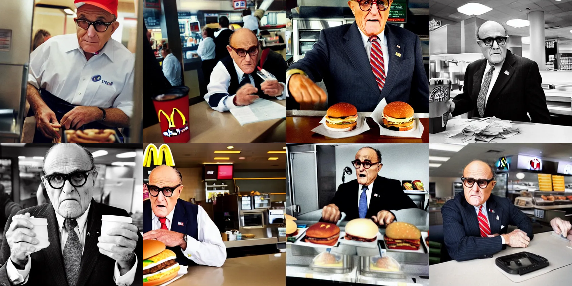 Prompt: Candid portrait photograph of angry Rudy Giuliani working at McDonalds, taken by Annie Leibovitz