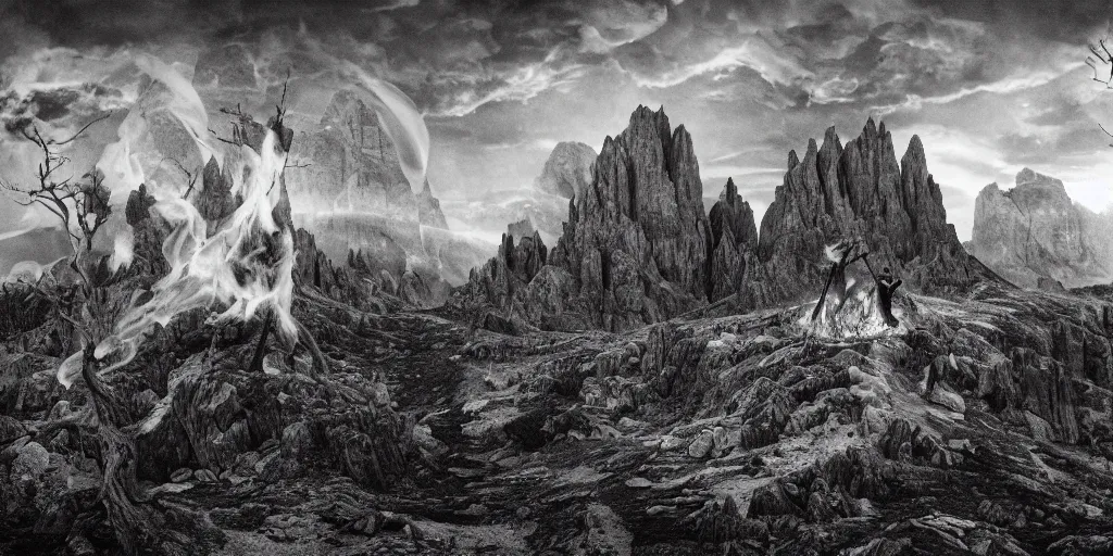 Image similar to photography of witch burning, dolomites in the background, occult signs, witch burning, pyre, solstice fire, alp, dolomites, alpine, detailed intricate insanely detailed octane render, 8k artistic 1920s photography, photorealistic, black and white, chiaroscuro, hd, by David Cronenberg, Raphael, Caravaggio