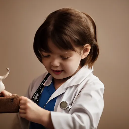 Prompt: a little girl [ as a veterinarian doctor ]!!, [ 4 k photorealism ]!!, trending on unsplash, [ golden ratio ]!!, centered!!