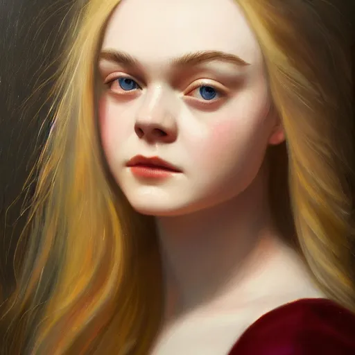 Prompt: portrait of a elle fanning on fire, detailed realism face in painting, detailed beautiful portrait, oil painting masterpiece, 8 k resolution, smooth, sharp focus, trending on artstation, by rembrandt