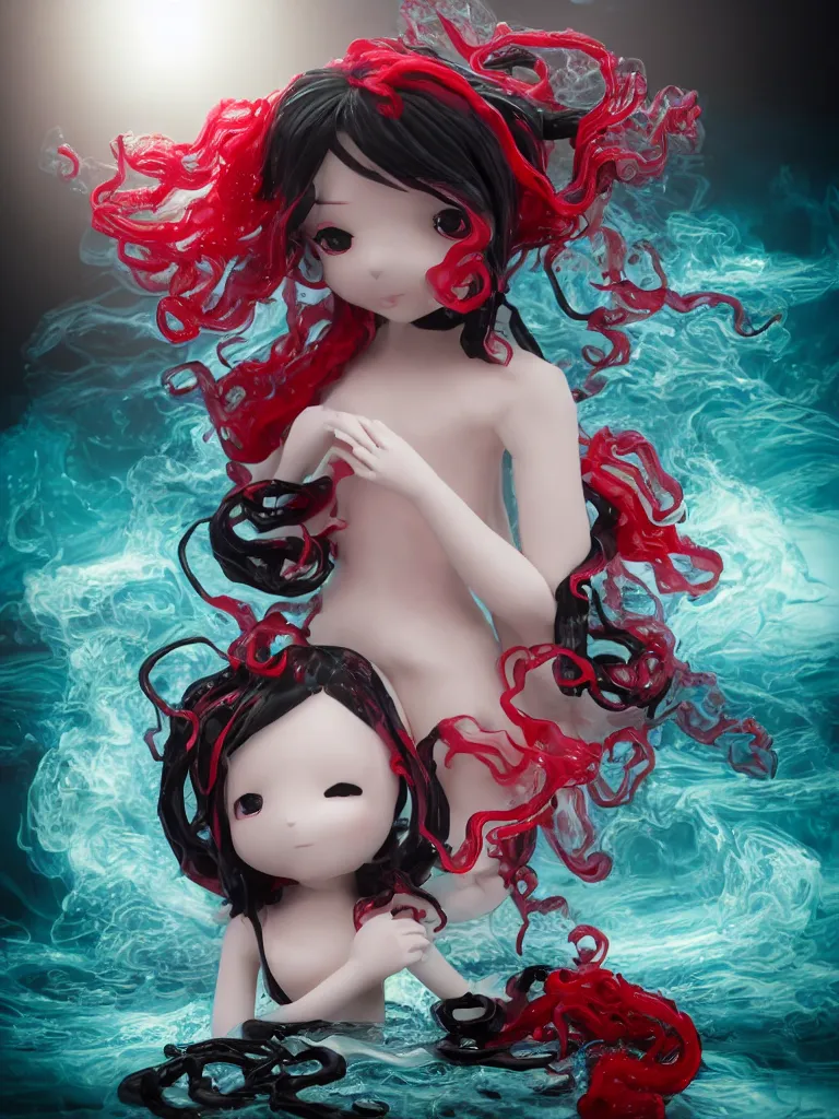 Prompt: cute fumo plush chibi gothic translucent octopus maiden alien girl washing her hair in the waves of the wavering dark galactic abyss, black and red ruffled intricate dress with ribbons, ocean wave thunderstorm and reflective splashing water, wisps of smoke and haze and volumetric fog, black and white, ocean simulation, vignette, vray