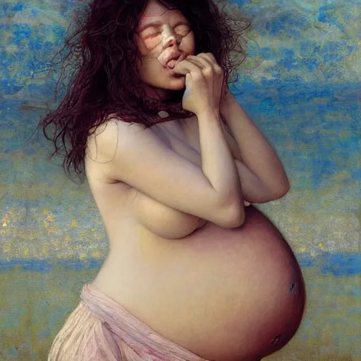 Image similar to epic masterpiece full body portrait a beautiful 7 months pregnant woman crying in shame, beautiful face and flawless skin, by Edgar Maxence and Ross Tran and Michael Whelan