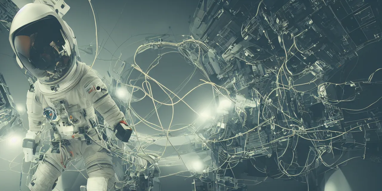 Image similar to astronaut entangled by a lot of cables, connected to a supercomputer designed by Dieter Rams, cinematic lighting, haze, octane render, lens flare