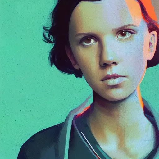 Image similar to Millie Bobby Brown profile picture by Greg Rutkowski, James Turrell, Terry Pastor, and Steven Meisel, asymmetrical, Organic Painting , Matte Painting, geometric shapes, hard edges, street art, trending on the artstation:2 by Sachin Teng:4