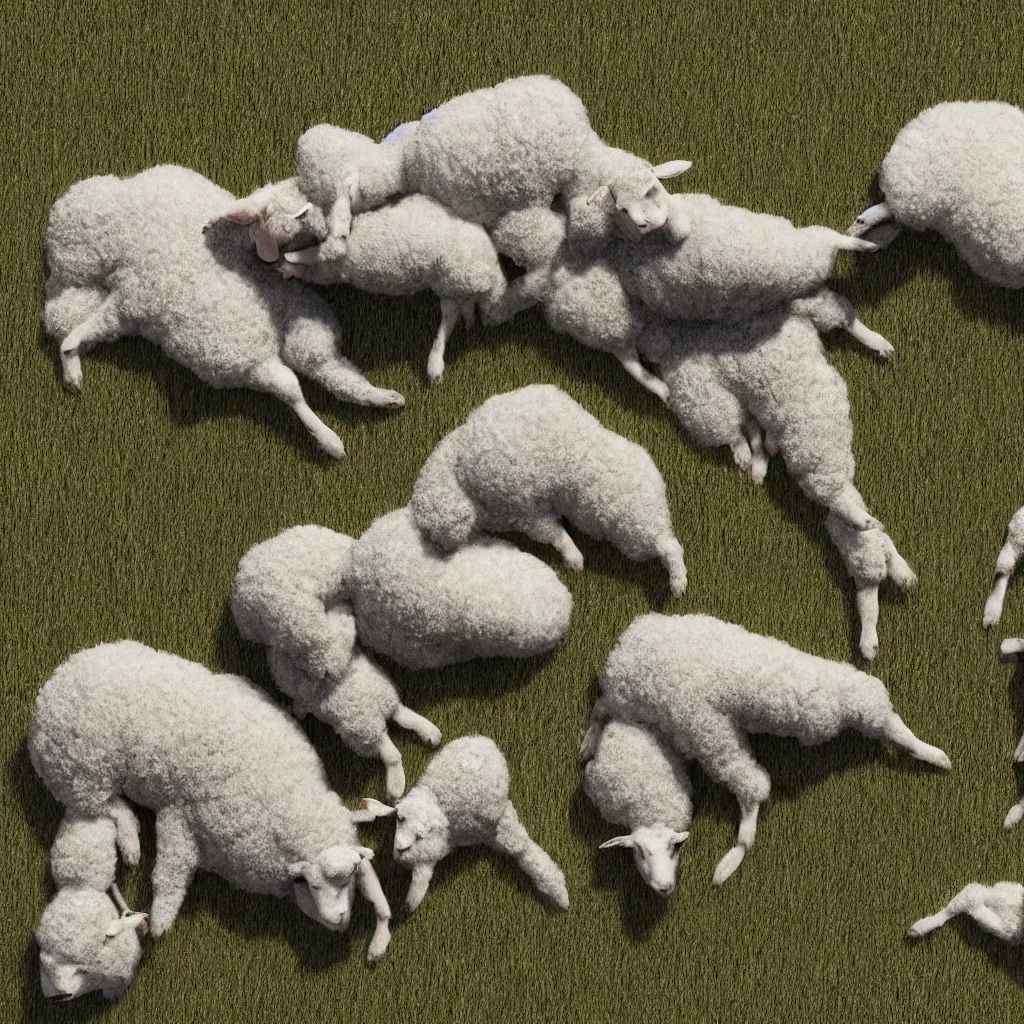 Prompt: Counting sheep, sleeping, dreaming, Sheep jumping over man in bed, Grassy field, bed, sheep, 8k, digital art, trending on artstation