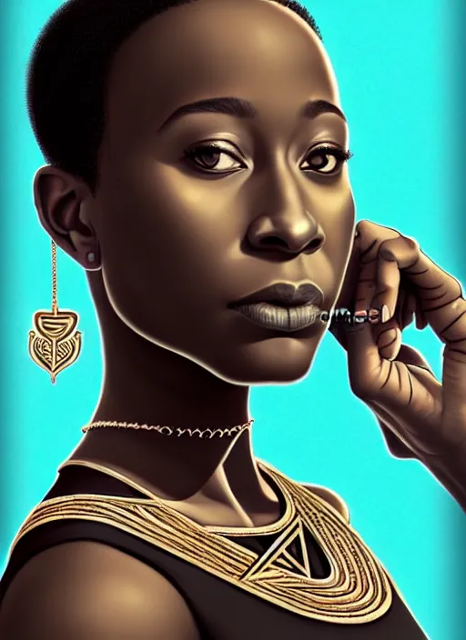 Image similar to portrait of Kirby Howell-Baptiste wearing a modern black tank top with an egyptian symbol ankh necklace, art nouveau, D&D, fantasy, intricate arcane wiccan designs, elegant, highly detailed, digital painting, artstation, concept art, matte, sharp focus, illustration, art by Artgerm and Greg Rutkowski and WLOP