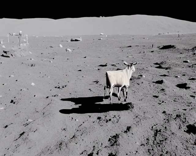 Prompt: a vintage photo of a cow on the moon, earth in distance