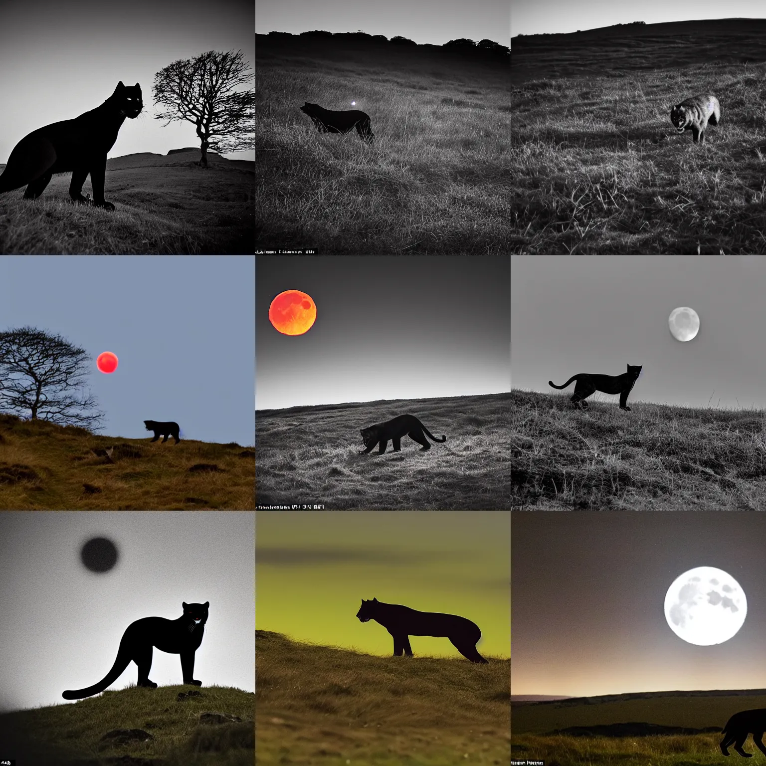 Prompt: A panther, with glowing red eyes, in the distance, facing the camera, prowling Dartmoor national park, semi-dark, silhouetted by a full moon, long shot, full shot, wide shot