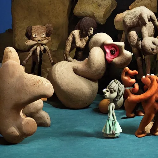 Image similar to a claymation film still of a collection of stone / animism / ethnographic museum / claymation by jeff koons