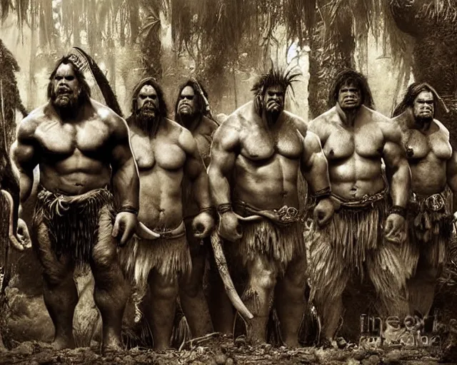 Image similar to hyper realistic group vintage photograph of a live action warcraft orc warrior tribe in the jungle, tall, hulk like physique, detailed faces, tribal paint, tribal armor, grain, old, monochrome, sepia toned, realistic lighting, wide angle