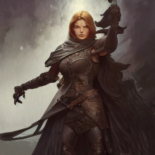 Prompt: ultra realistic illustration, strong female rogue with leather armor and cloak in the painting style of arcane, intricate detail, elegant, highly detailed, digital painting, artstation, concept art, smooth, sharp focus, illustration, art by artgerm and greg rutkowski and alphonse mucha