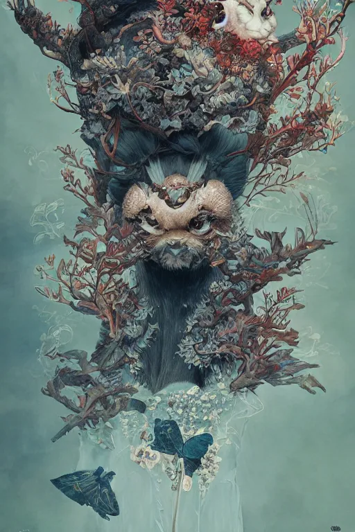 Image similar to a cover of japanese art magazine about animal creatures bio by illustrated by miyazaki by karol bak, james jean, tom bagshaw, rococo, sharp focus, trending on artstation, cinematic lighting, hyper realism, octane render, 8 k, hyper detailed, vivid, ultra detailed, highly detailed