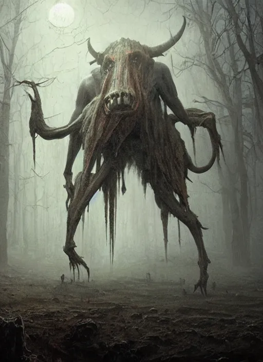 Image similar to a creepy atmospheric painting of a slender humanoid minotaur creature emerging from the mist. painting by greg rutkowski and hr giger.