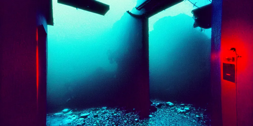 Image similar to underwater footage of a portal at the end of a tokyo alley, thunderstorm and heavy rain, non - euclidean, neon lights, ektachrome photograph, volumetric lighting, f 8 aperture, cinematic eastman 5 3 8 4 film