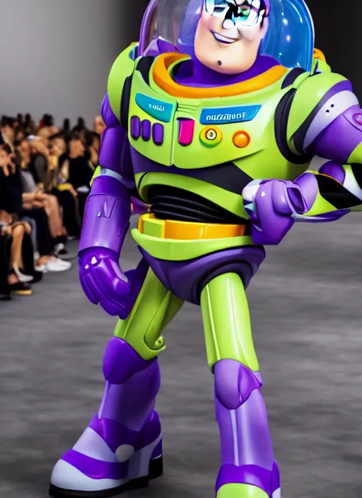 Image similar to hyperrealistic and heavy detailed balenciaga runway show of buzz lightyear, leica sl 2 5 0 mm, vivid color, high quality, high textured, real life