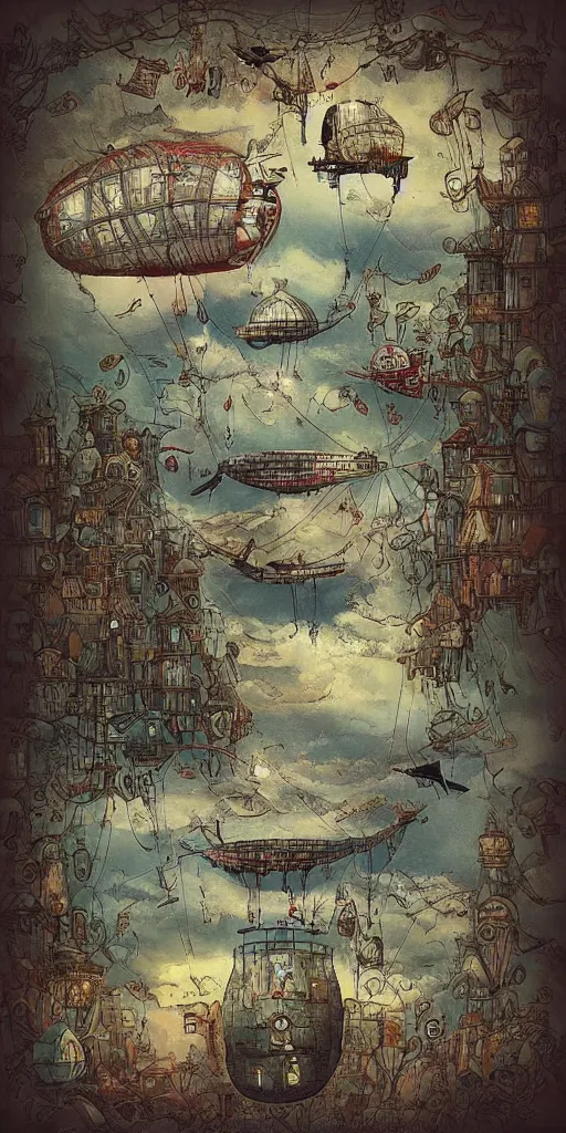 Image similar to a vintage living airship by alexander jansson and where's waldo