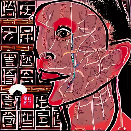 Image similar to chinese surgery on a patient, in the style of daniel johnston and outsider art, 4 k, line brush, overlaid with chinese adverts