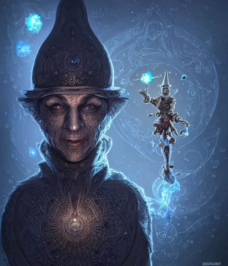 Image similar to front!!! shot of a court jester!!! character, hyperdimensional, bioluminescent hypercubes, dark holography!!!, future, chrome, (((intricate))), elegant, highly detailed, centered, (((artstation, concept art, smooth, sharp focus, artgerm, Tomasz Alen Kopera, Peter Mohrbacher, donato giancola, Joseph Christian Leyendecker, WLOP, Boris Vallejo))), ((raytracing)), mugshot!!!!!, ugly!!!!!!, octane render, nvidia raytracing demo, octane render, nvidia raytracing demo, octane render, nvidia raytracing demo, grainy, muted, 8K, digitalblasphemy, metatron