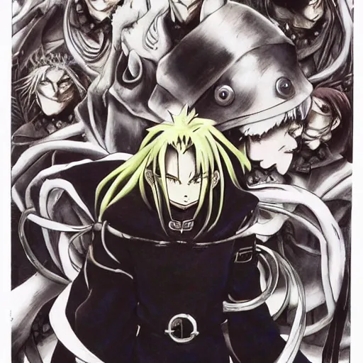 Prompt: greed. full metal alchemist. by yoshitaka amano.