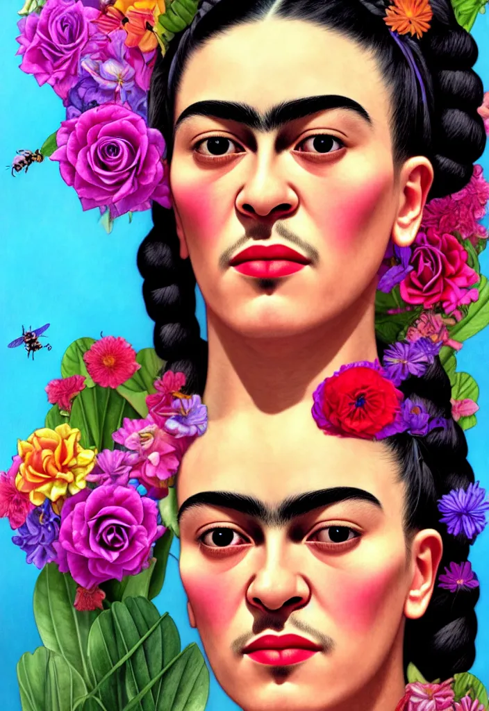 Image similar to young beautiful frida kahlo, gorgeous face, vaporwave aesthetic, synthwave, colorful, psychedelic, artstation, flowers, bees, ribbons, concept art, smooth, extremely sharp detail, finely tuned detail, 8 k, unreal engine 5, ultra sharp focus, illustration, art by artgerm and greg rutkowski and alphonse mucha