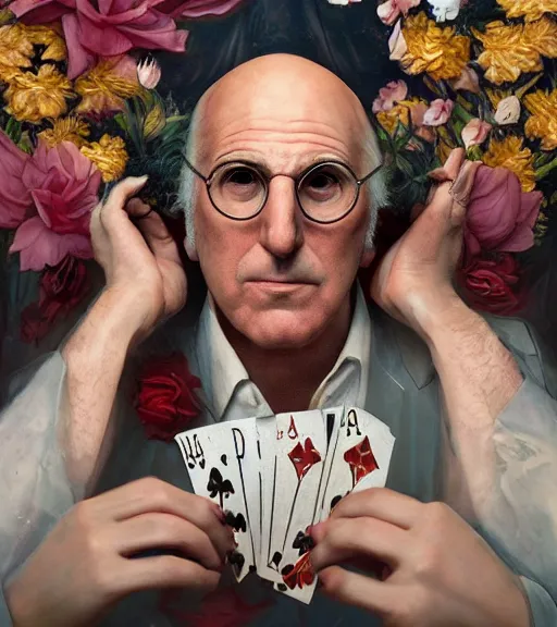 Image similar to portrait of larry david of the underworld playing poker, surrounded by flowers by karol bak, james jean, tom bagshaw, rococo, trending on artstation, cinematic lighting, hyper realism, octane render, 8 k, hyper detailed.