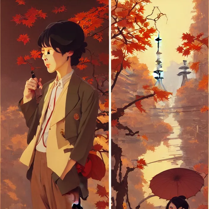 Image similar to tokyo, autumn, in the style of studio ghibli, j. c. leyendecker, greg rutkowski, artem