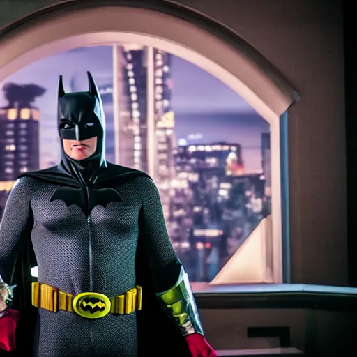 Image similar to Adam West as Batman 2022, 105mm, EOS-1D, f/4, ISO 800, 1/200s, 8K, RAW, symmetrical balance, in-frame, Dolby Vision
