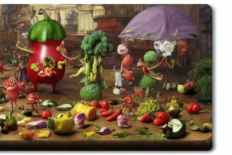 Image similar to vegetable small creatures parade on a cutting board. kitchen in the background. digital art, realistic, pixar style, highly detailed, cinematic, matte painting, vivid colors, realistic, epic, low angle, lighting, by greg rutkowski and artgerm and alphonse mucha