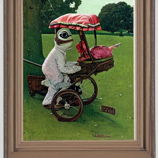 Image similar to pepe the frog with baby carriage by norman rockwell