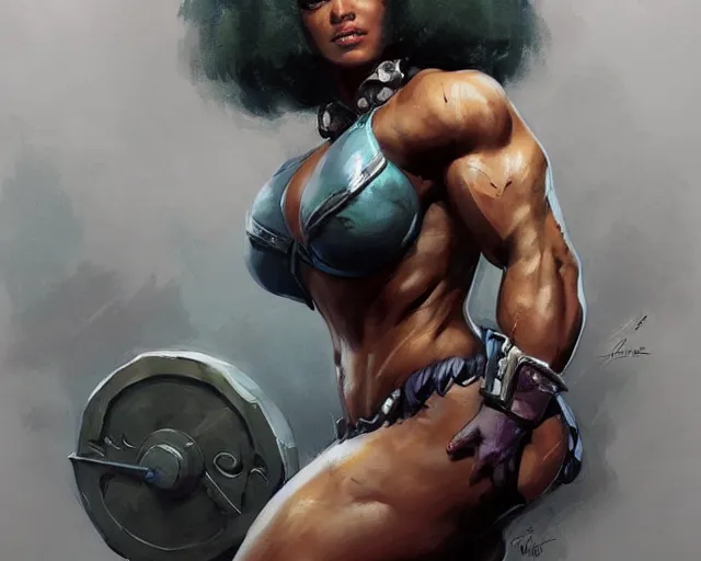 Image similar to portrait of illaoi from league of legends as a beautiful female bodybuilder amazon with plump lips, elegant, fantasy, hd shot, digital portrait, beautiful, artstation, comic style, by artgerm, guy denning, jakub rozalski, magali villeneuve and charlie bowater