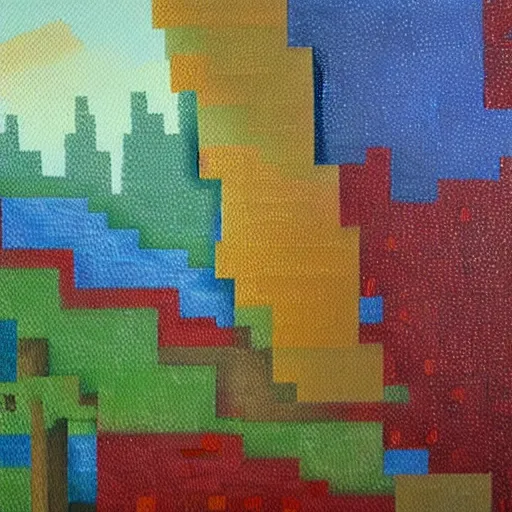 Image similar to detailed oil painting of a minecraft landscape, abstract,textured,oil paint