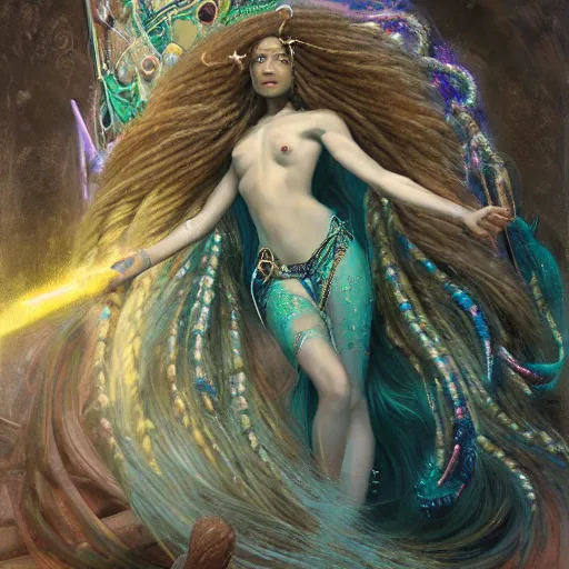 Image similar to birth of mami wata, sumerian goddess inanna ishtar, ashteroth, techno mystic goddess princess intergalactica, with aqua neon rapunzel dreadlocks, mami wata, detailed, by gaston bussiere, bayard wu, greg rutkowski, giger, maxim verehin, greg rutkowski, masterpiece, sharp focus,