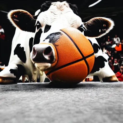 Image similar to a cow dribbling a basketball, cow, dribbling, basketball, award winning, photography, dramatic angle