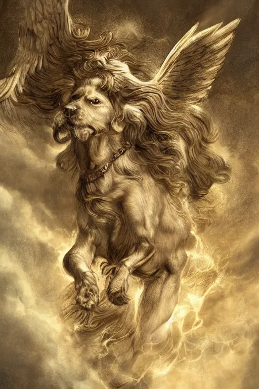Image similar to a dog as god with a radiant halo and wings, detailed face, gorgeous, flowing hair, very muscular male body, partial anatomy, stormy and grand war scene, delicate and intricate borders for decoration, caesar victorious, proud Emperor, split lighting, intricate, highly detailed, 8K, digital painting, fantasy, concept art, sharp focus, close-up, art by greg rutkowski beeple and alphonse mucha