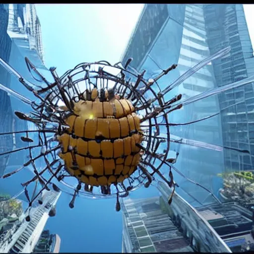 Prompt: giant mechanical wasps constructing a spherical city suspended in mid air