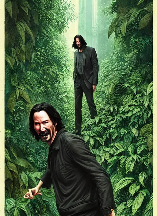 Image similar to highly detailed comedy caper movie poster with silly wacky zany keanu reeves hiding in leaves, keanu reeves face inside a leafy bush by greg rutkowski