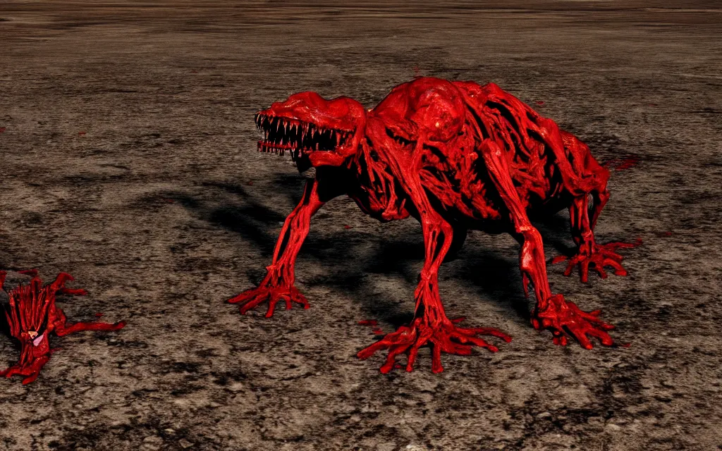 Prompt: in the desert a bloody gross horrifying The Thing creature made of muscle and bone and blood stares at the camera, eating, there is a pool of blood on the ground, it walks on two legs, like a skinwalker, mid day, 35mm photography, realistic,