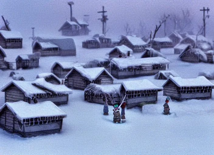 Prompt: realistic documentary photo of a a winter frost crystal cloud village 1 9 9 0, life magazine reportage photo, neutral colors, neutral lighting