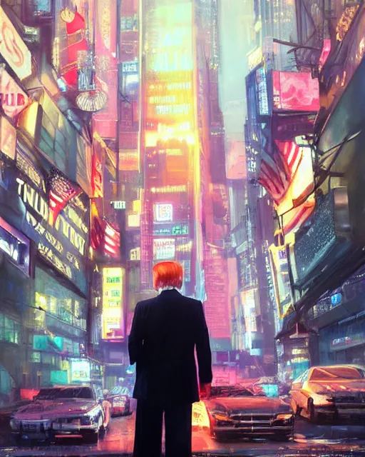 Prompt: donald trump posing in front of the nyse, cyberpunk atmosphere, neon lights, portrait, illustration, rim light, top light, perfectly shaded, spring time, slight overcast lighting, soft painting, art by krenz cushart and wenjun lin