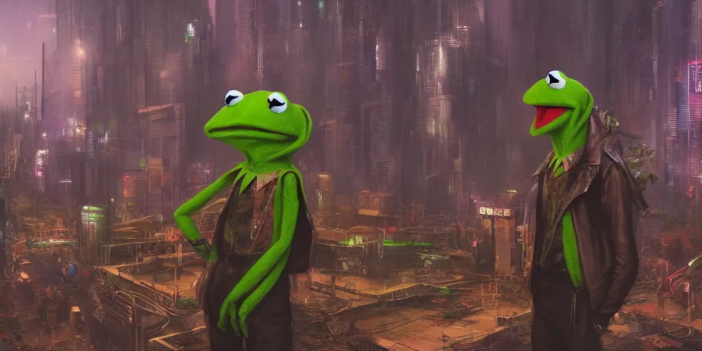 Prompt: Kermit the Frog in a cyberpunk world, hyperdetailed, artstation, cgsociety, 8k