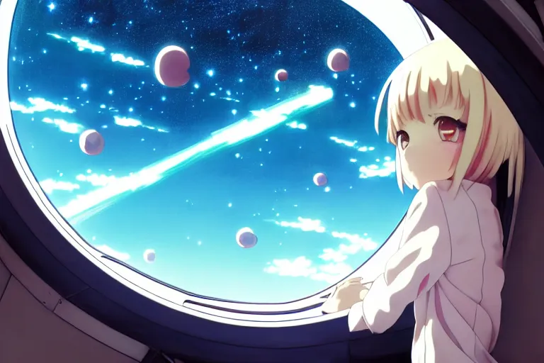 Prompt: Anime girl looking through a window of a spaceship, sci-fi, stars, space, painting in style of krenz cushart ilya kuvshinov KyoAni, Makoto Shinkai,Hideaki Anno,Mochiduki Key ,Studio Ghibli, Madhouse, WHITE FOX, Studio Trigger,GAINAX ,K-ON,yuruyuri, cygames,Production I.G ,wit studio,P.A.WORKS,ufotable,mappa,TOEI Animation,trending on artstation pixiv makoto shinkai visual novel