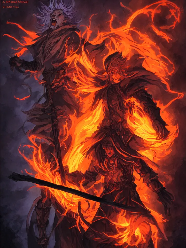 Prompt: dungeons and dragons official art of male fire genasi wizard with pitch black skin, flaming hair, glowing orange eyes, wearing black wizard robes, smug smile, holding a wooden staff, official print, book cover art