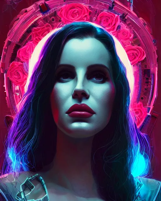 Image similar to portrait of lana del rey as a cyberpunk cyborg. sci - fi intricate abstract upper body intricate artwork, roses, rose petals by tooth wu, wlop, beeple, dan mumford. concept art, octane render, trending on artstation, greg rutkowski, asymmetrical, cinematic arthouse, key art, hyper realism, iridescent accents