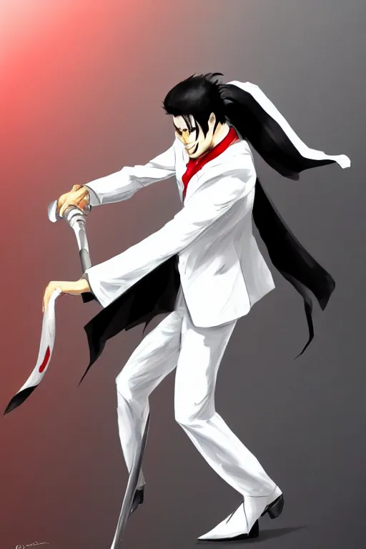 Prompt: man with black hair in a white suit and a red tie wielding a katana, concept art, 8 k, trending on deviant art.