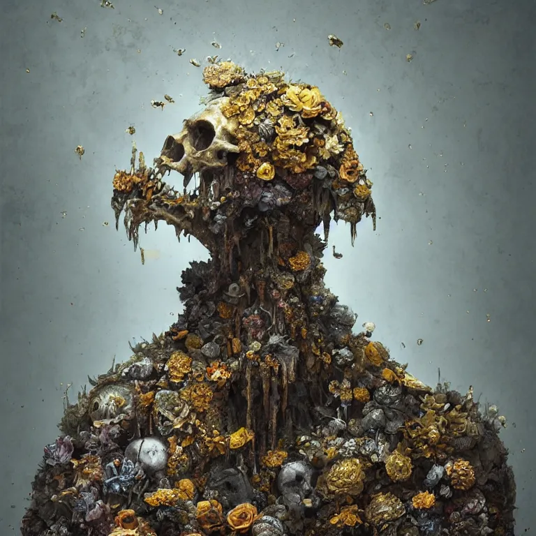 Prompt: A beautiful oil painting hyperrealism of a rotting zombie king made of marble stone, gold throne , grey beard, skull bones flowers, 8k resolution, octane render, Trending on artstation, by Gediminas Pranckevicius, volumetric light 2blue fractal Thunder glow by dan mumford, anaglyph effect, Laurie Lipton